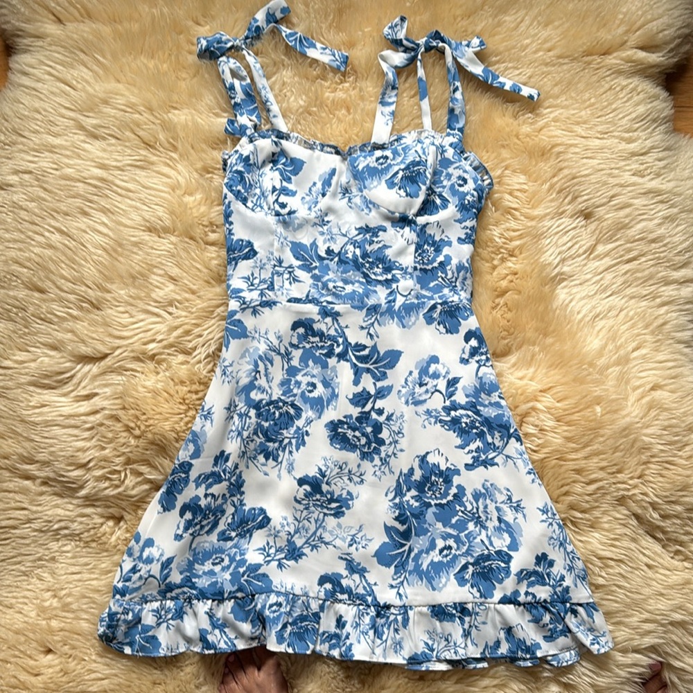 Aqua Floral Blue and White Mini Dress